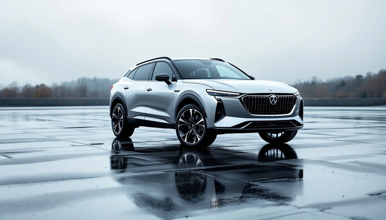 A modern crossover SUV on wet asphalt.