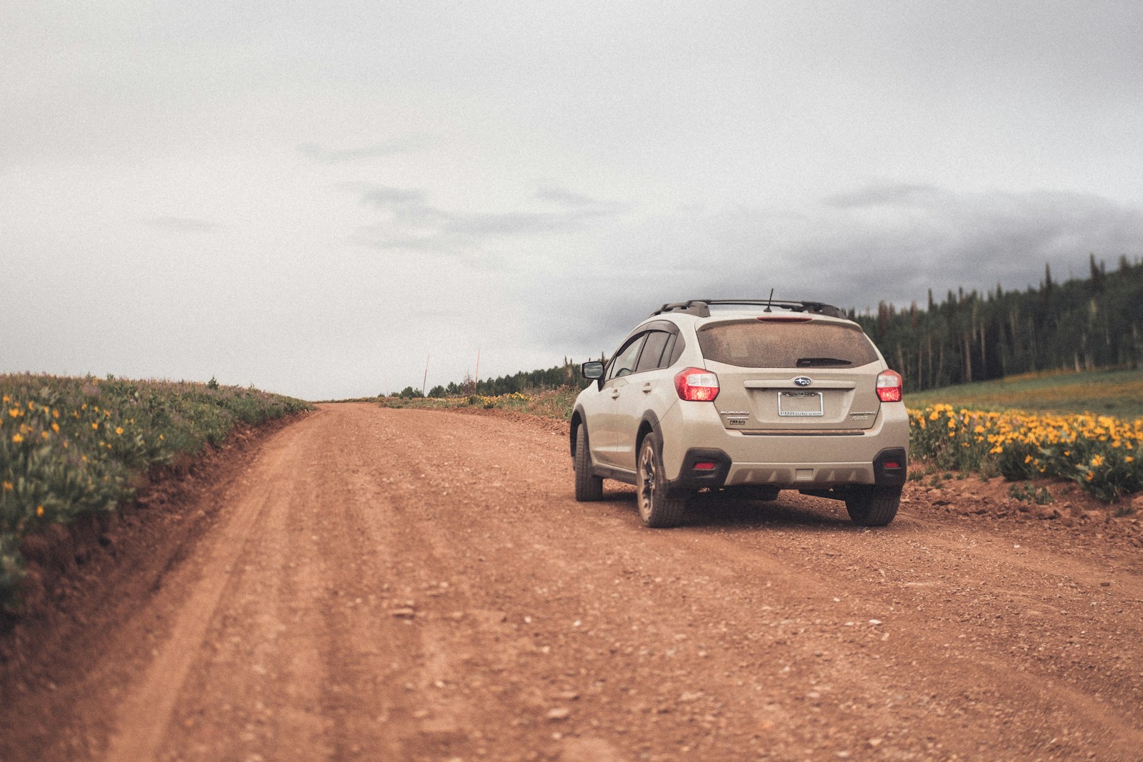 a car is driving down a dirt road