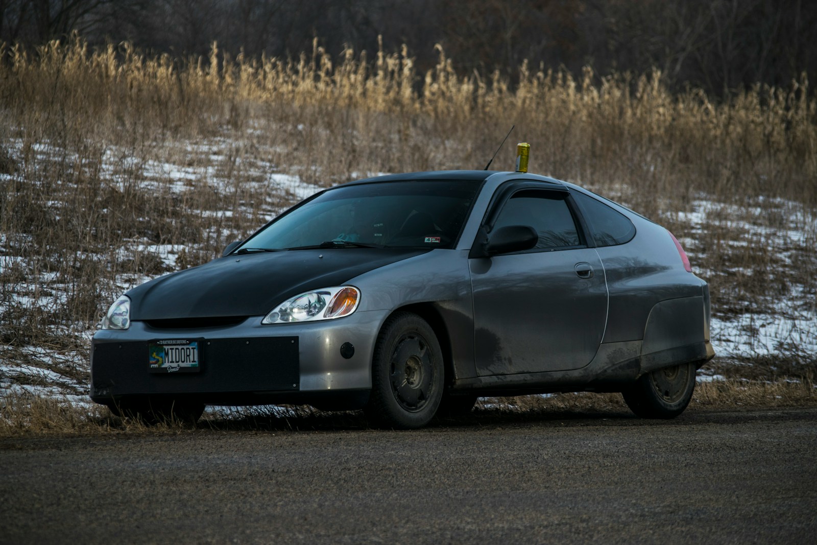 A gray car is parked beside a road.